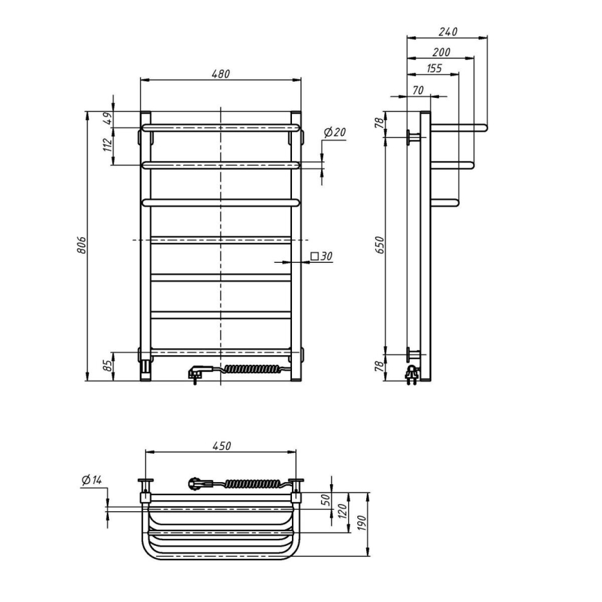 Vannas istabas elektriskais radiators ar termostatu FORTIS 350W/230V 80,6 cm IP44 melna pa labi leņķa
