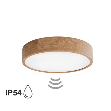 Vannas istabas griestu gaismeklis ar sensoru CLEO 4xE27/24W/230V Ø 47,5 cm IP54 ozols