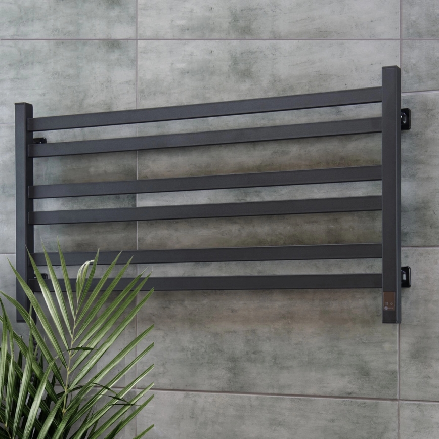 Vannas istabas dvieļu radiators AVANGARD ar termostatu, 316 W/230 V, 50,6 cm, IP44, melns, kreisais, kvadrātveida