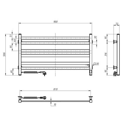 Vannas istabas dvieļu radiators AVANGARD ar termostatu, 316 W/230 V, 50,6 cm, IP44, melns, kreisais, kvadrātveida