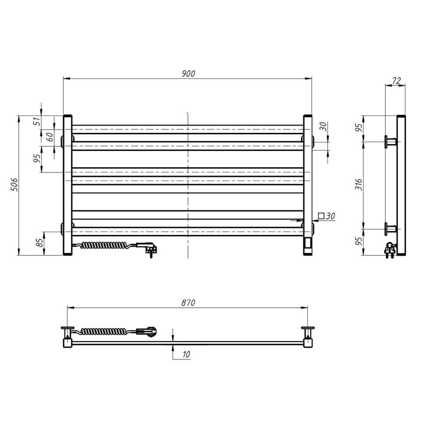 Vannas istabas dvieļu radiators AVANGARD ar termostatu, 316 W/230 V, 50,6 cm, IP44, melns, kreisais, kvadrātveida