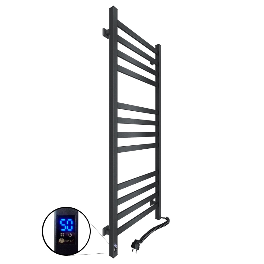 Vannas istabas dvieļu radiators ar termostatu AVANGARD 459W/230V, 120,6 cm, IP44, melns, labās puses, kvadrātveida profils