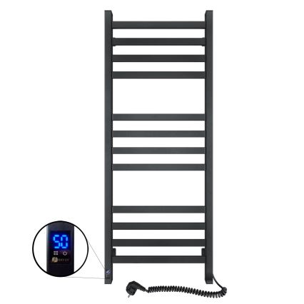 Vannas istabas dvieļu radiators ar termostatu AVANGARD 459W/230V, 120,6 cm, IP44, melns, labās puses, kvadrātveida profils