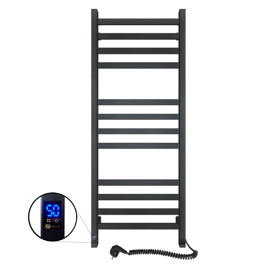 Vannas istabas dvieļu radiators ar termostatu AVANGARD 459W/230V, 120,6 cm, IP44, melns, labās puses, kvadrātveida profils