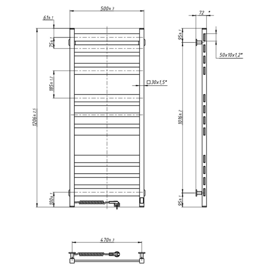 Vannas istabas dvieļu žeburveida radiators ar termostatu LARGO 541W/230V 120,6 cm IP44 melns kreisais kvadrātveida