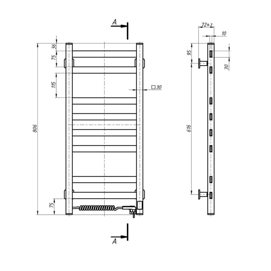 Dvieļu radiators vannas istabai ar termostatu AVANGARD 251W/230V 80,6 cm IP44, balts, kreisais, kvadrātveida