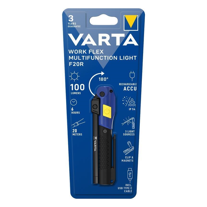 Varta 18649101401 - LED Uzlādējams lukturis WORK FLEX F20R LED/5V IP54