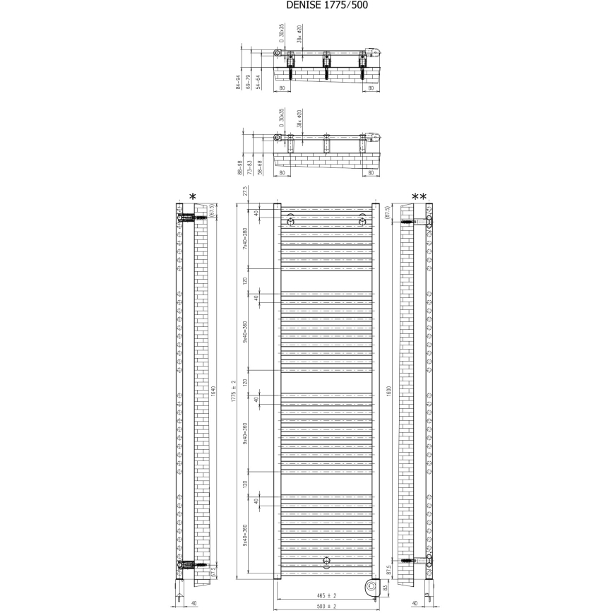 Vertaduro - Vannas istabas radiators ar termostatu DENISE 800W 178x50 cm melns