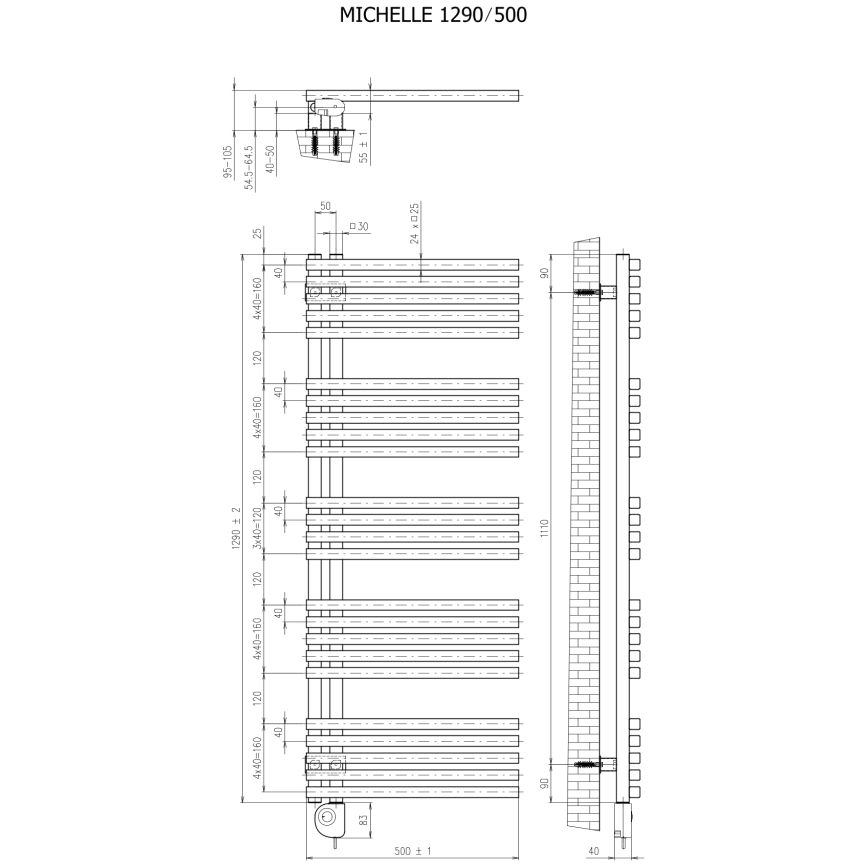 Vertaduro - Vannas istabas radiators ar termostatu MICHELLE, 600 W, 129 x 50 cm, melns