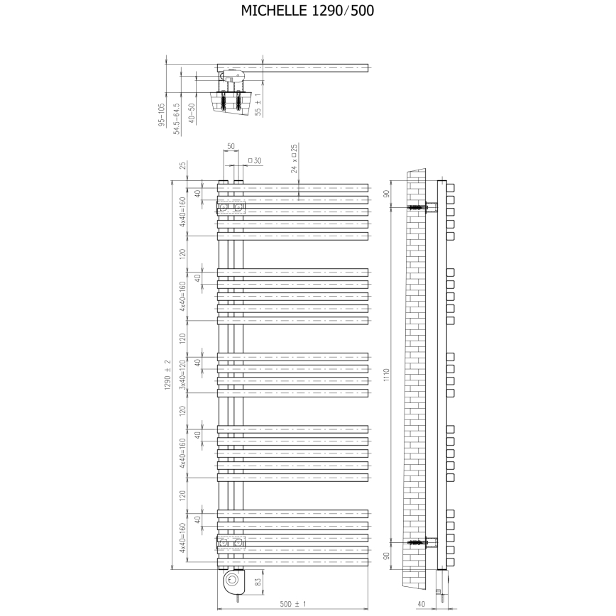 Vertaduro - Vannas istabas radiators ar termostatu MICHELLE 600W 129x50 cm pelēkbrūns