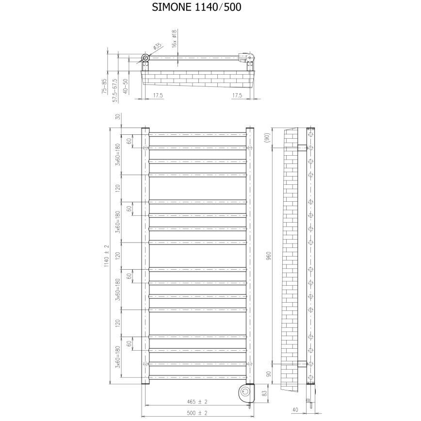 Vertaduro - Vannas istabas radiators ar termostatu SIMONE 400W 114x50 cm melns