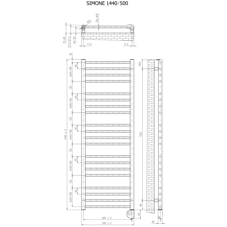 Vertaduro - Vannas istabas radiators ar termostatu SIMONE 600W 144x50 cm balts
