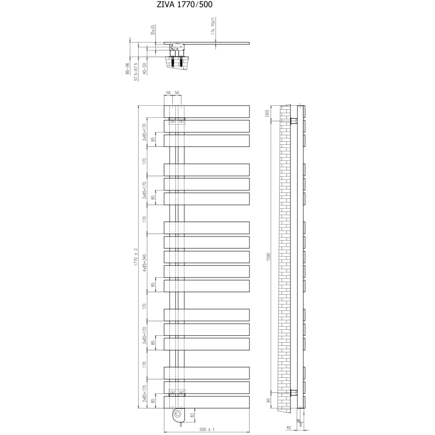 Vertaduro - Vannas istabas radiators ar termostatu ZIVA 800W 177x50 cm melns