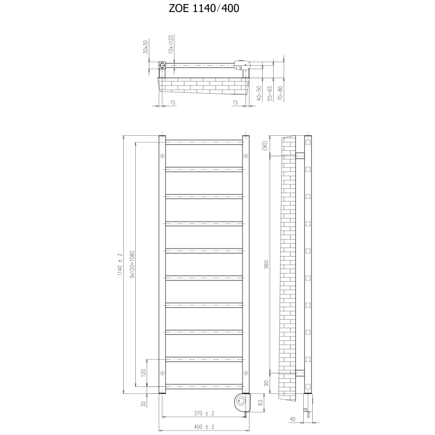 Vertaduro - Vannas istabas radiators ar termostatu ZOE 400W 114x40 cm melns