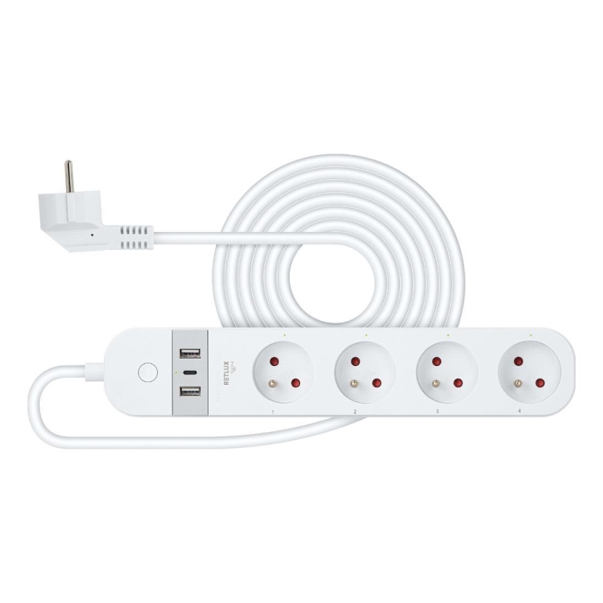 Viedā paplašinājums vads ar slēdzi 4Z Tips E + 2x USB-A + 1x USB-C 1,5m Wi-Fi Tuya balta