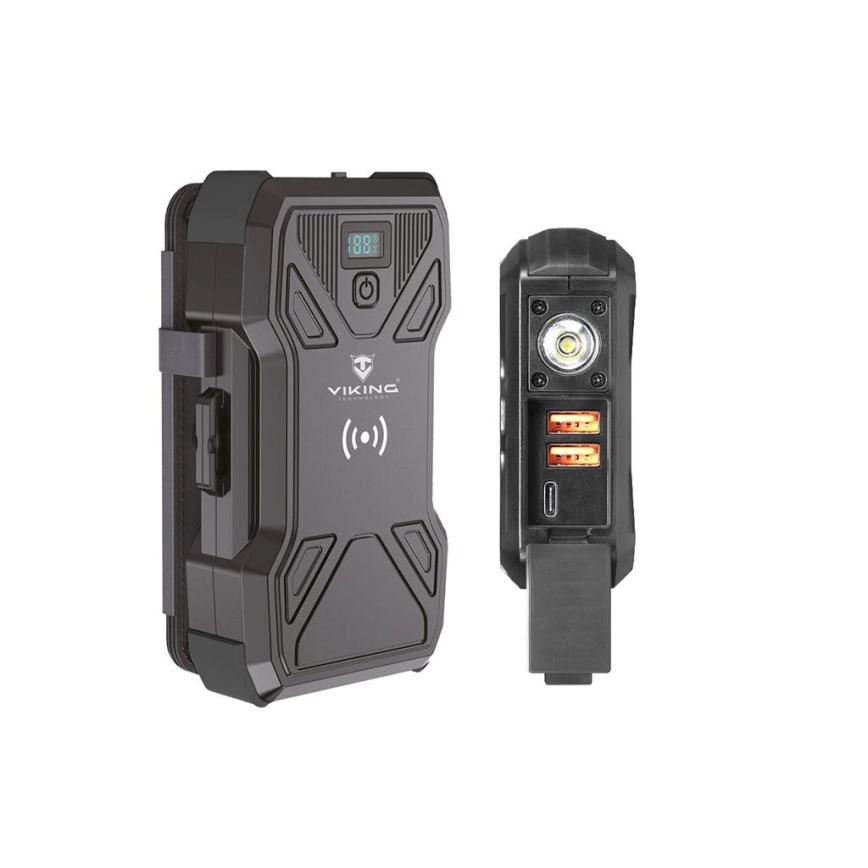 Viking - powerbank ar LED lukturi, bezvadu uzlādi un saules paneli Power Delivery 22,5W/30000 mAh