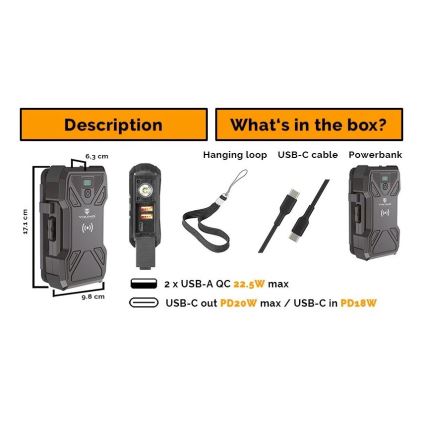 Viking - powerbank ar LED lukturi, bezvadu uzlādi un saules paneli Power Delivery 22,5W/30000 mAh