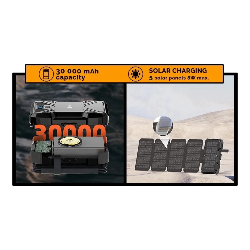 Viking - powerbank ar LED lukturi, bezvadu uzlādi un saules paneli Power Delivery 22,5W/30000 mAh
