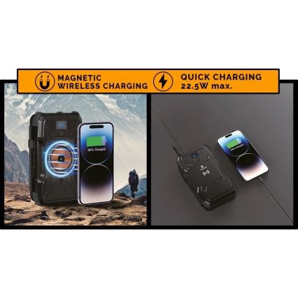 Viking - powerbank ar LED lukturi, bezvadu uzlādi un saules paneli Power Delivery 22,5W/30000 mAh