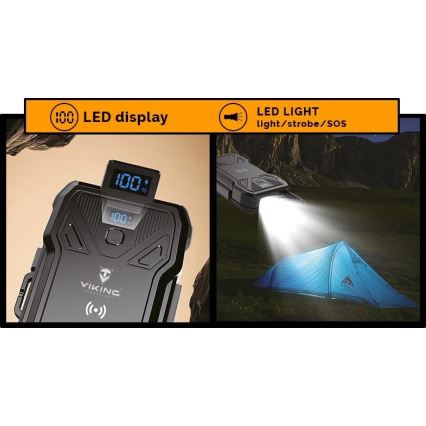 Viking - powerbank ar LED lukturi, bezvadu uzlādi un saules paneli Power Delivery 22,5W/30000 mAh
