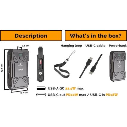 Viking - portatīvais akumulators ar LED lukturi, bezvadu uzlādi un saules paneli Power Delivery 22,5W/10000 mAh