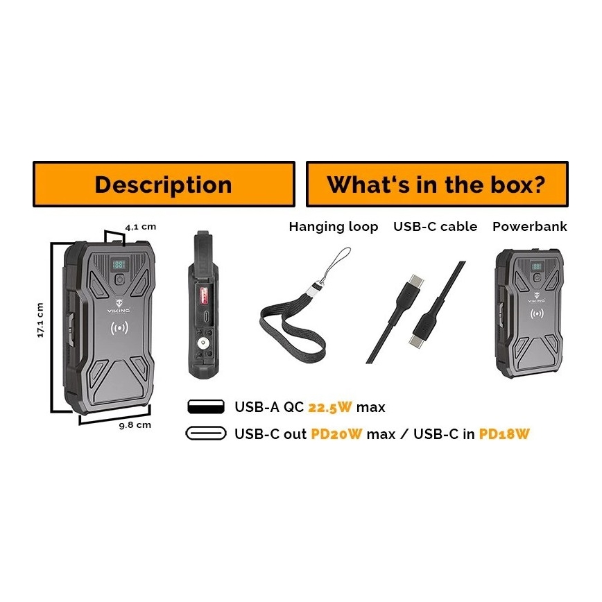 Viking - portatīvais akumulators ar LED lukturi, bezvadu uzlādi un saules paneli Power Delivery 22,5W/10000 mAh