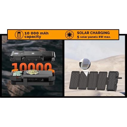 Viking - portatīvais akumulators ar LED lukturi, bezvadu uzlādi un saules paneli Power Delivery 22,5W/10000 mAh