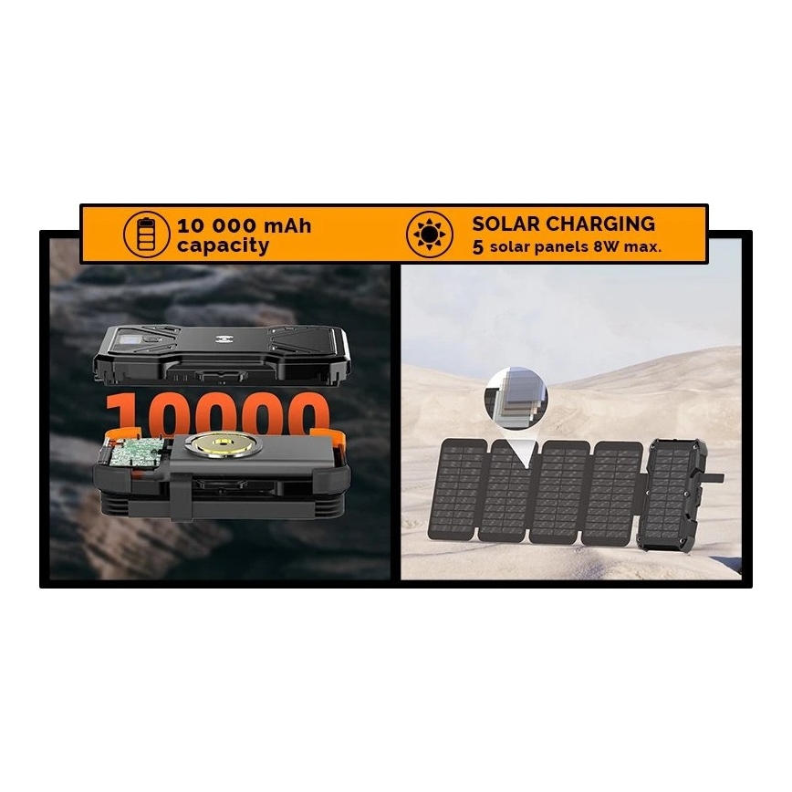 Viking - portatīvais akumulators ar LED lukturi, bezvadu uzlādi un saules paneli Power Delivery 22,5W/10000 mAh