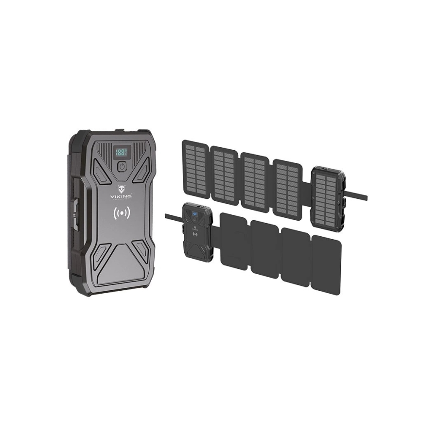 Viking - portatīvais akumulators ar LED lukturi, bezvadu uzlādi un saules paneli Power Delivery 22,5W/10000 mAh