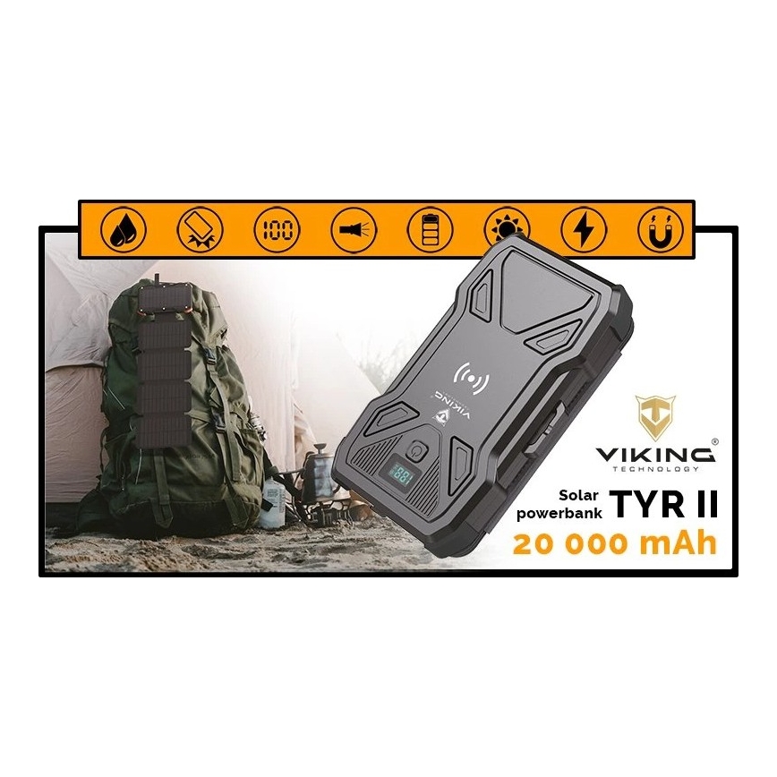 Viking - Powerbank ar iebūvētu LED lukturi, bezvadu uzlādi un saules paneli, Power Delivery 22,5 W / 20000 mAh