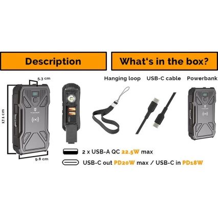 Viking - Powerbank ar iebūvētu LED lukturi, bezvadu uzlādi un saules paneli, Power Delivery 22,5 W / 20000 mAh