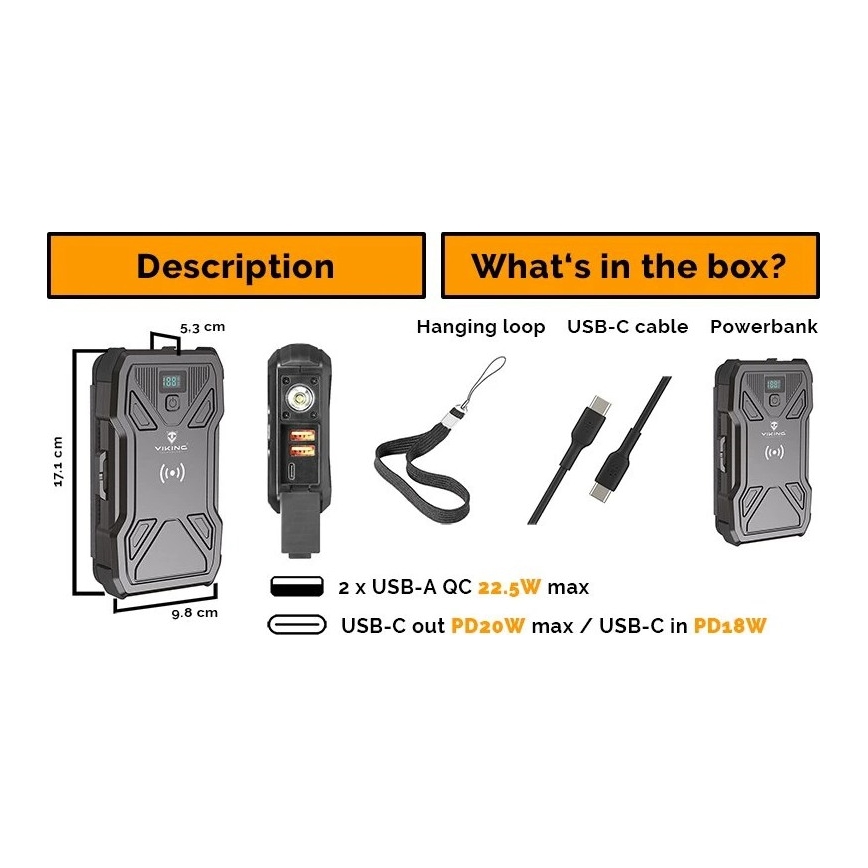 Viking - Powerbank ar iebūvētu LED lukturi, bezvadu uzlādi un saules paneli, Power Delivery 22,5 W / 20000 mAh