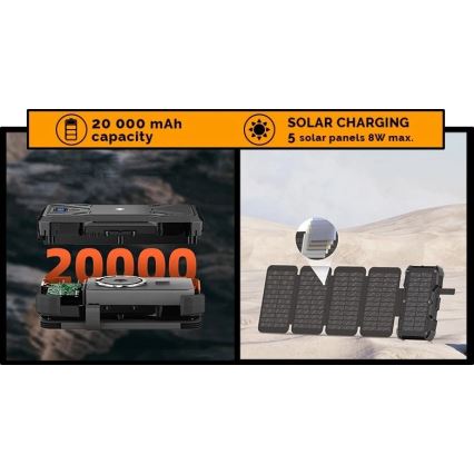 Viking - Powerbank ar iebūvētu LED lukturi, bezvadu uzlādi un saules paneli, Power Delivery 22,5 W / 20000 mAh