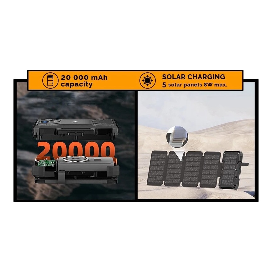 Viking - Powerbank ar iebūvētu LED lukturi, bezvadu uzlādi un saules paneli, Power Delivery 22,5 W / 20000 mAh