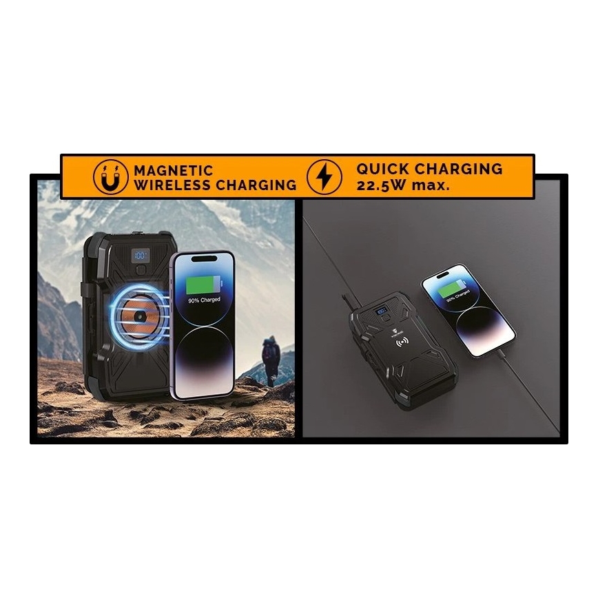 Viking - Powerbank ar iebūvētu LED lukturi, bezvadu uzlādi un saules paneli, Power Delivery 22,5 W / 20000 mAh