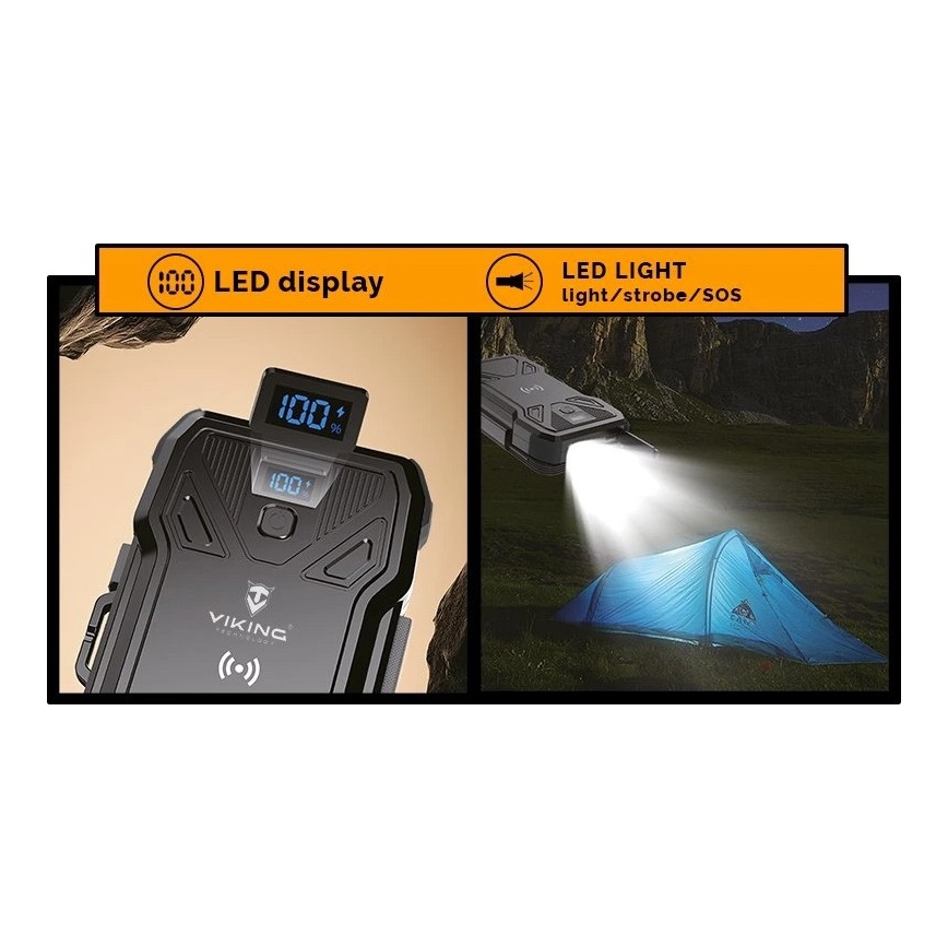 Viking - Powerbank ar iebūvētu LED lukturi, bezvadu uzlādi un saules paneli, Power Delivery 22,5 W / 20000 mAh
