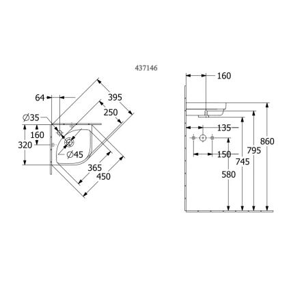 Villeroy & Boch 43714601 - Stūra piekaramā izlietne SUBWAY 3.0 32x32 cm keramika/balta