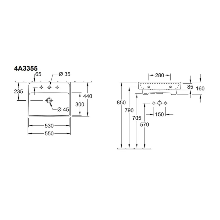 Villeroy & Boch 4A335501 - Sienas uzstādāma izlietne COLLARO 55x44 cm keramika/balta