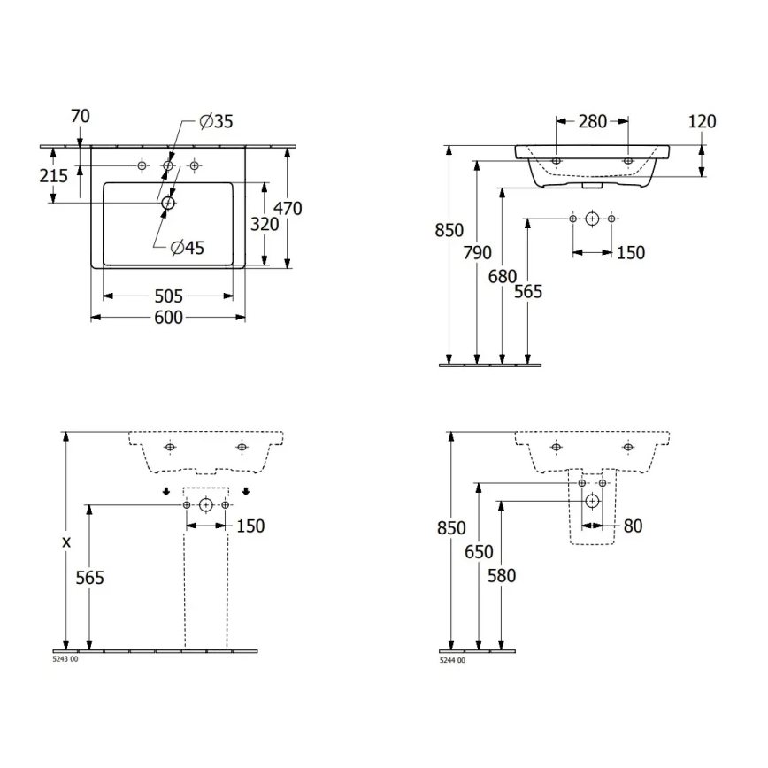 Villeroy & Boch 4A706001 - Sienai piestiprināma izlietne SUBWAY 3.0 60x47 cm keramika/balta