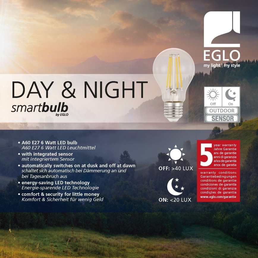 VINTAGE LED spuldze A60 ar krēslas sensoru E27/6W/230V 3000K - Eglo 11886