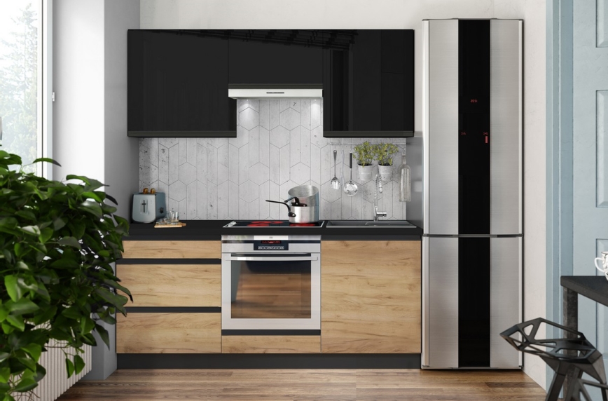 Virtuves iekārta MARINA 180 cm ozola krāsa / spīdīga melna