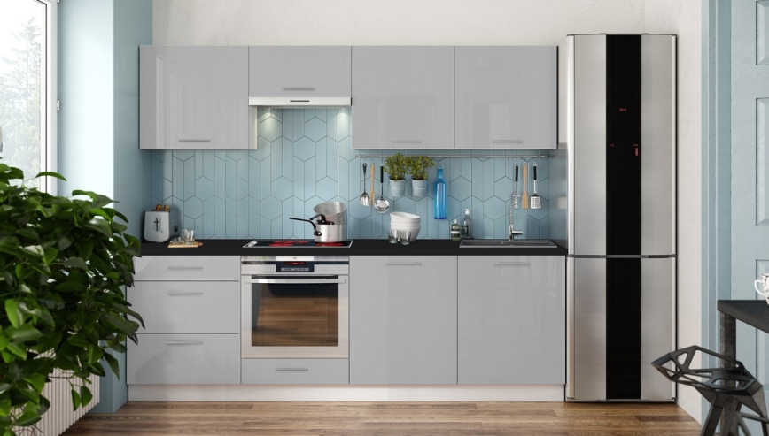 Virtuves komplekts CELESTE 240 cm spīdīgi pelēks