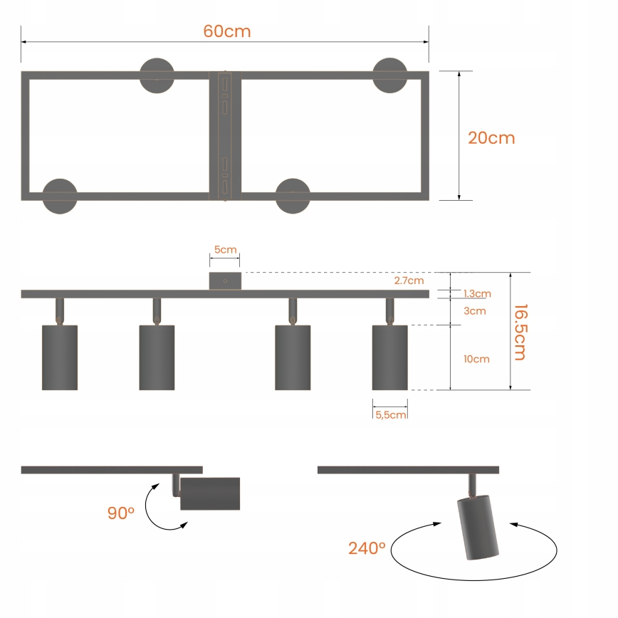 Virziena gaismeklis 4xGU10/30W/230V melns
