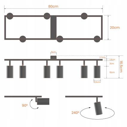 Virziena gaismeklis 6xGU10/30W/230V melns