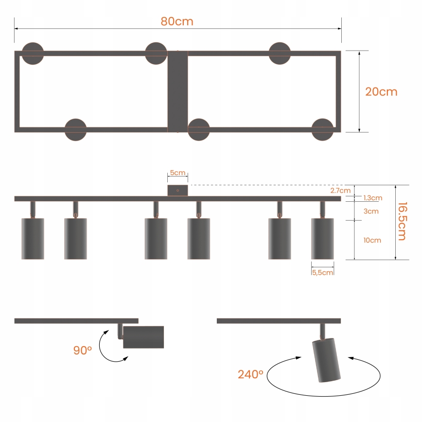 Virziena gaismeklis 6xGU10/30W/230V melns