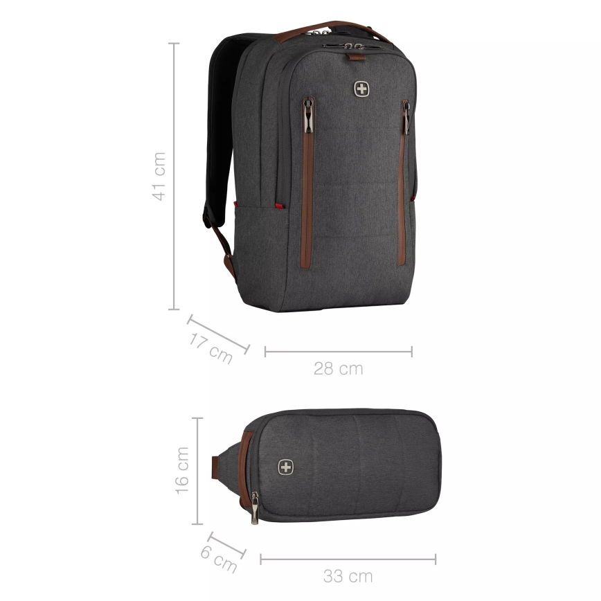 Wenger - Portatīvā datora mugursoma 15 l 16" ar planšetdatora kabatu 12" + šķērssoma City Upgrade 2in1 pelēka