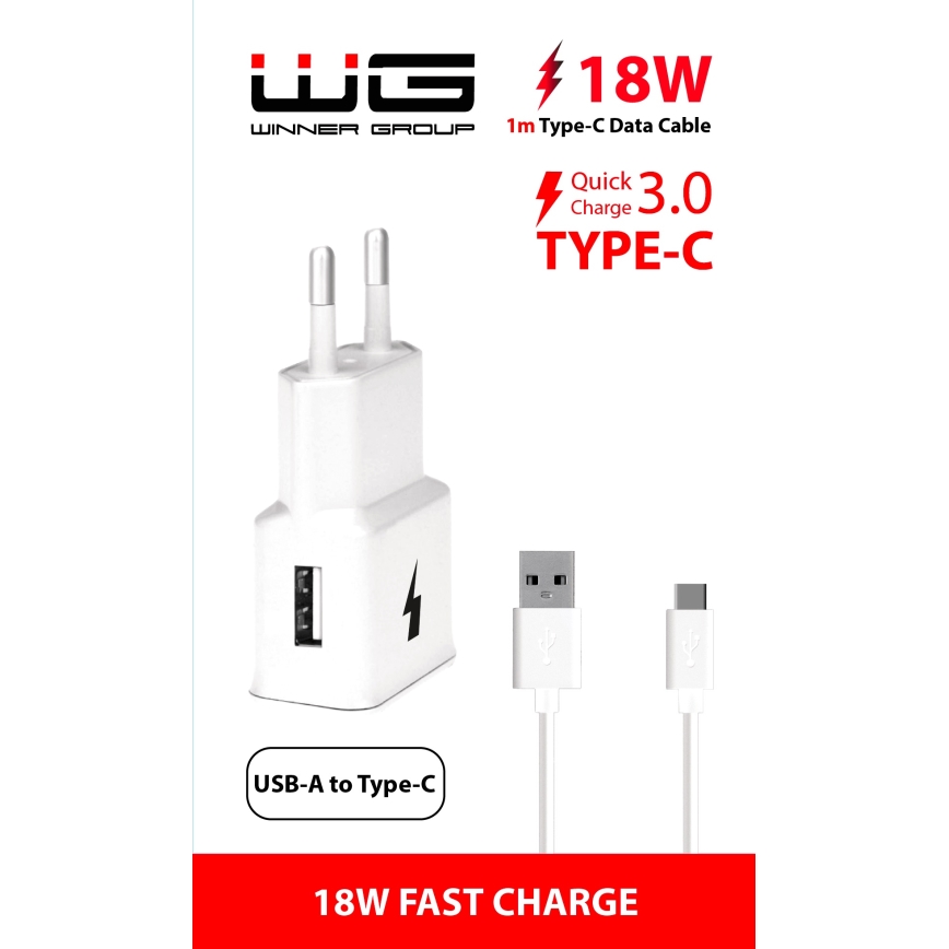 Winner Group- Ātrās uzlādes adapteris 1xUSB-A PD 18W + USB vads USB-C / USB-A 1m