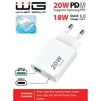 Winner Group - Ātrās uzlādes adapteris 1xUSB-C + 1xUSB-A Power Delivery 20W balta