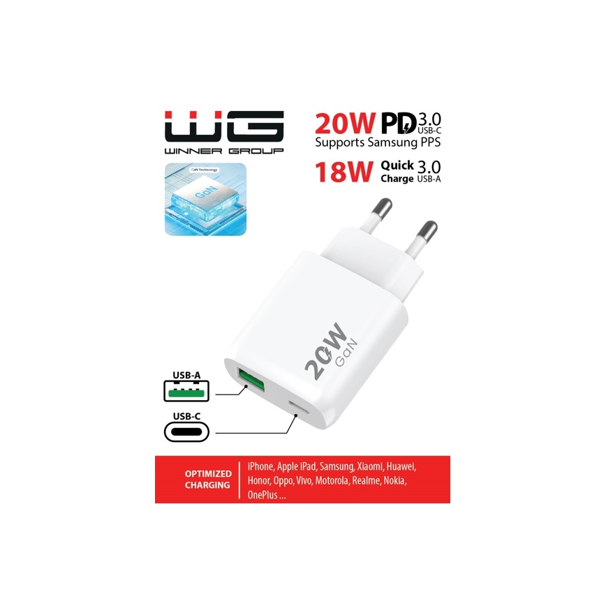 Winner Group - Ātrās uzlādes adapteris 1xUSB-C + 1xUSB-A Power Delivery 20W balta
