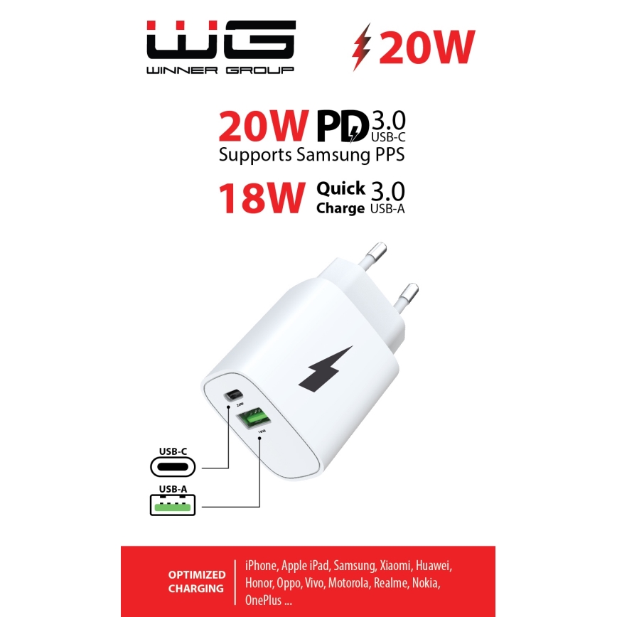Winner Group - Ātrās uzlādes adapteris 1xUSB-C + 1xUSB-A Power Delivery 20W balta